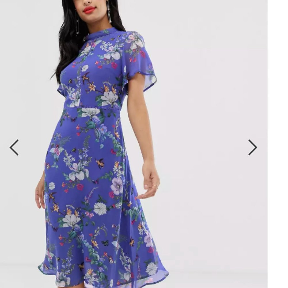 blue dress with flowers and birds